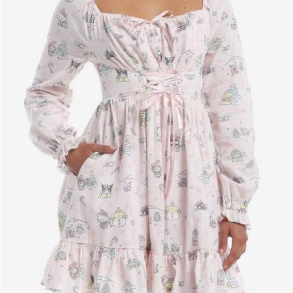 Hello Kitty And Friends Holiday Pink Lace-Up Long-Sleeve Dress